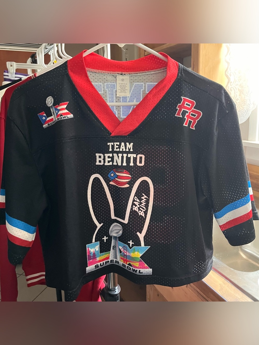 Bad Bunny Cropped Jersey Black Red Team Benito Bowl Mesh Football Top